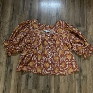 Rachel Zoe Linen Blend Floral Pullover Slightly Cropped Womens Blouse M Boho